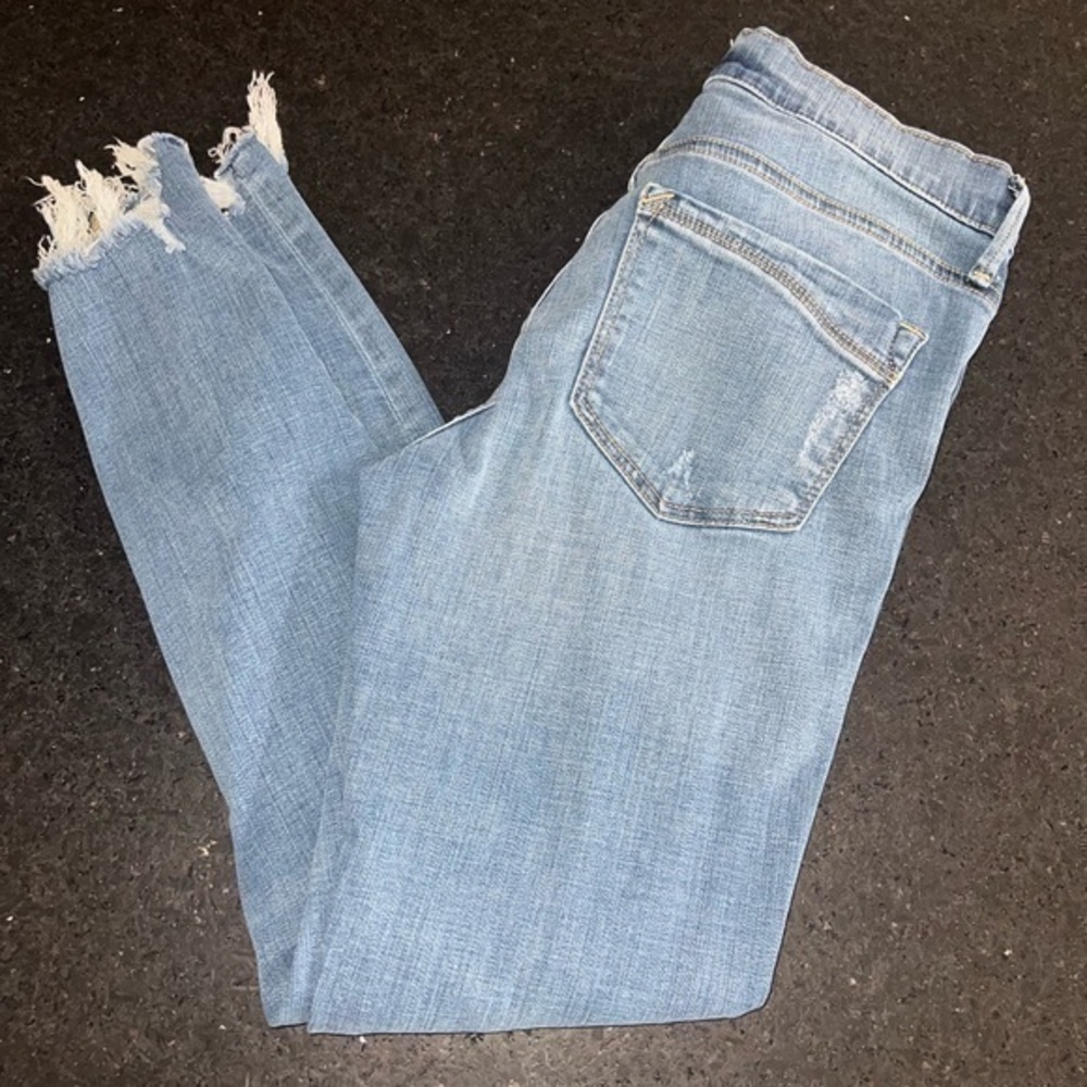 UEC EXPRESS DISTRESSED MID RISE DENIM BLUE JEAN ANKLE LEGGINGS SZ 4